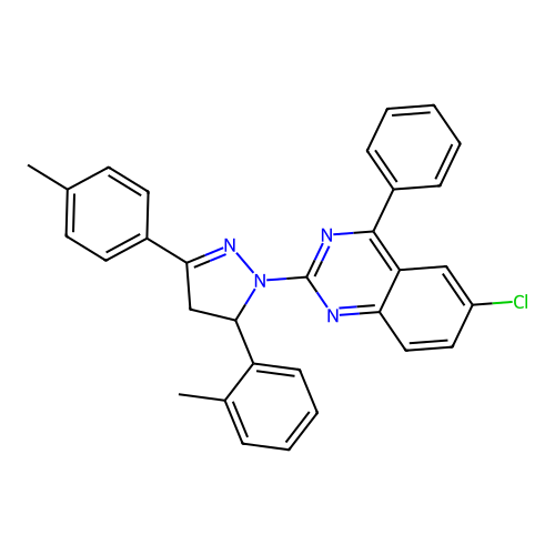 6-chloro-4-phenyl-2-(5-(o-tolyl)-3-(p-tolyl)-4,5-dihydro-1H-pyrazol-1-yl)quinazoline structure