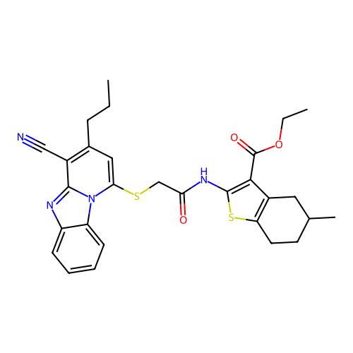 ethyl 2-({[(4-cyano-3-propylpyrido[1,2-a]benzimidazol-1-yl)sulfanyl]acetyl}amino)-5-methyl-4,5,6,7-tetrahydro-1-benzothiophene-3-carboxylate structure