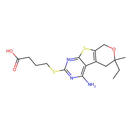 4-[(4-amino-6-ethyl-6-methyl-5,8-dihydro-6H-pyrano[4',3':4,5]thieno[2,3-d]pyrimidin-2-yl)sulfanyl]butanoic acid structure