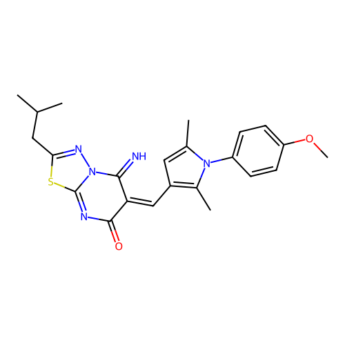 (E)-5-imino-2-isobutyl-6-((1-(4-methoxyphenyl)-2,5-dimethyl-1H-pyrrol-3-yl)methylene)-5H-[1,3,4]thiadiazolo[3,2-a]pyrimidin-7(6H)-one structure