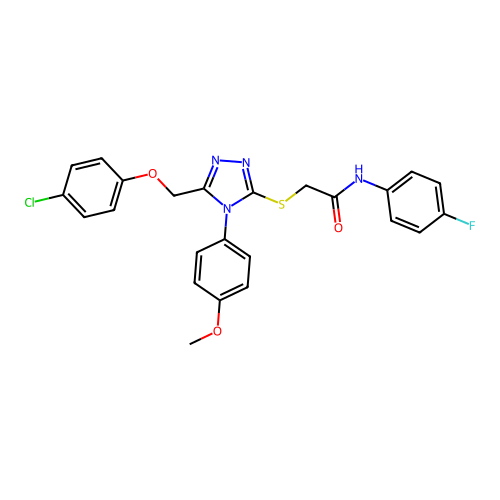 2-((5-((4-chlorophenoxy)methyl)-4-(4-methoxyphenyl)-4H-1,2,4-triazol-3-yl)thio)-N-(4-fluorophenyl)acetamide structure