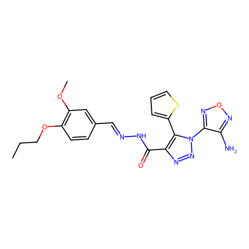 (E)-1-(4-amino-1,2,5-oxadiazol-3-yl)-N'-(3-methoxy-4-propoxybenzylidene)-5-(thiophen-2-yl)-1H-1,2,3-triazole-4-carbohydrazide structure