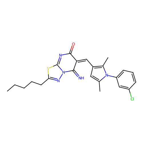 (6E)-6-[[1-(3-chlorophenyl)-2,5-dimethylpyrrol-3-yl]methylidene]-5-imino-2-pentyl-[1,3,4]thiadiazolo[3,2-a]pyrimidin-7-one structure