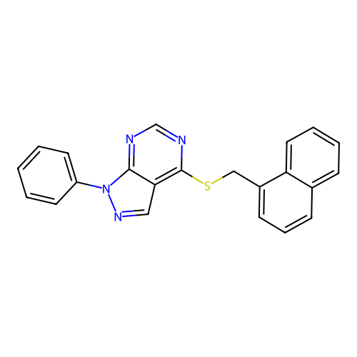 4-[(naphthalen-1-ylmethyl)sulfanyl]-1-phenyl-1H-pyrazolo[3,4-d]pyrimidine structure