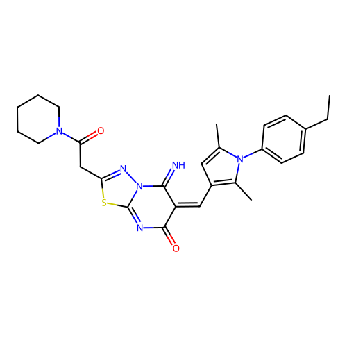(E)-6-((1-(4-ethylphenyl)-2,5-dimethyl-1H-pyrrol-3-yl)methylene)-5-imino-2-(2-oxo-2-(piperidin-1-yl)ethyl)-5H-[1,3,4]thiadiazolo[3,2-a]pyrimidin-7(6H)-one structure