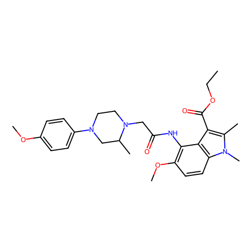 ethyl 5-methoxy-4-({[4-(4-methoxyphenyl)-2-methylpiperazin-1-yl]acetyl}amino)-1,2-dimethyl-1H-indole-3-carboxylate structure