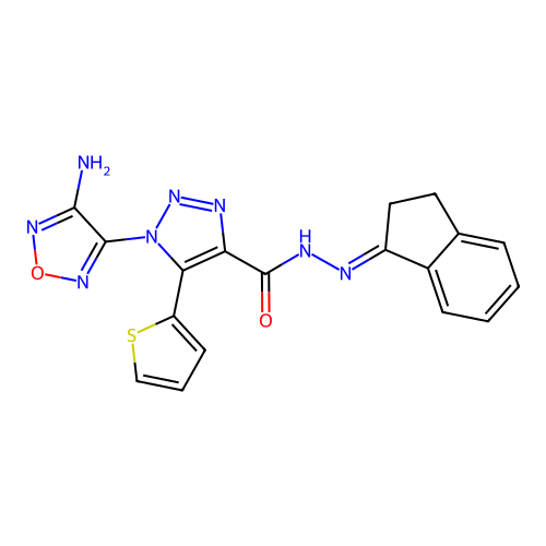 (E)-1-(4-amino-1,2,5-oxadiazol-3-yl)-N'-(2,3-dihydro-1H-inden-1-ylidene)-5-(thiophen-2-yl)-1H-1,2,3-triazole-4-carbohydrazide structure