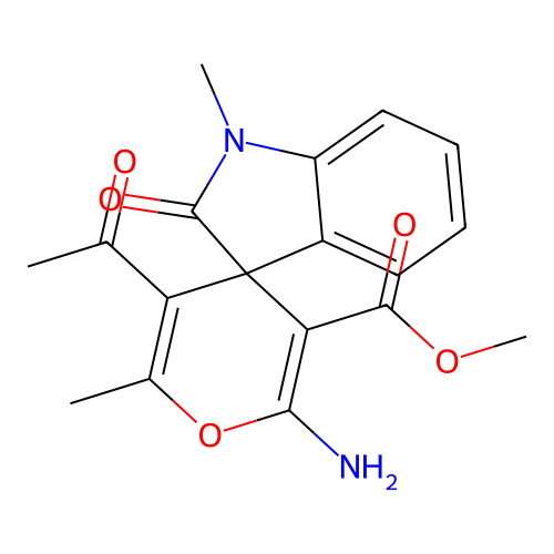 methyl 3'-acetyl-6'-amino-1,2'-dimethyl-2-oxospiro[indoline-3,4'-pyran]-5'-carboxylate structure