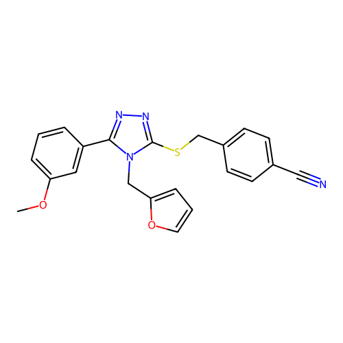 4-[[[4-(2-furanylmethyl)-5-(3-methoxyphenyl)-1,2,4-triazol-3-yl]thio]methyl]benzonitrile structure