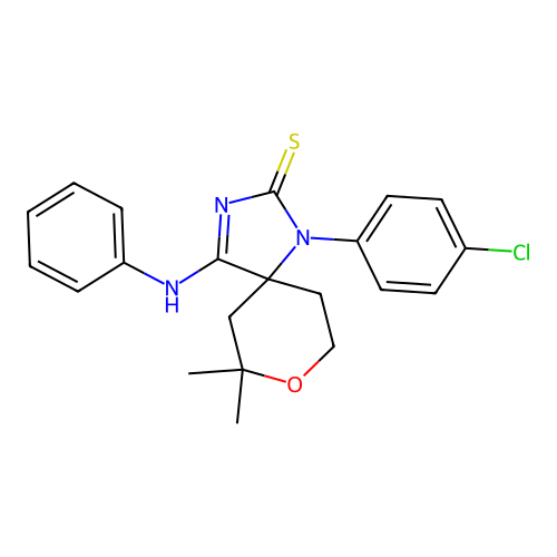 1-anilino-4-(4-chlorophenyl)-9,9-dimethyl-8-oxa-2,4-diazaspiro[4.5]dec-1-ene-3-thione structure