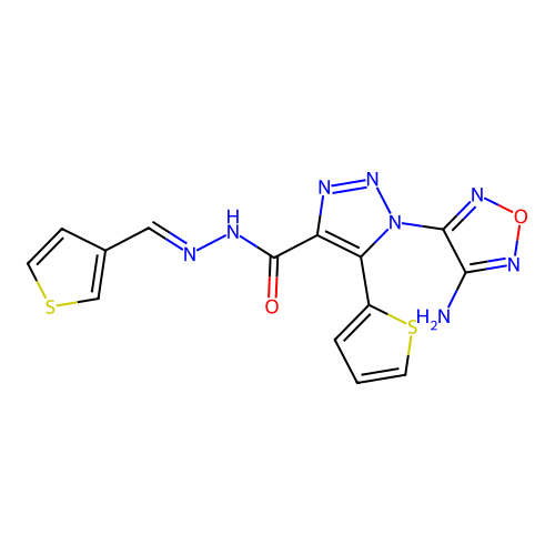 (E)-1-(4-amino-1,2,5-oxadiazol-3-yl)-5-(thiophen-2-yl)-N'-(thiophen-3-ylmethylene)-1H-1,2,3-triazole-4-carbohydrazide structure