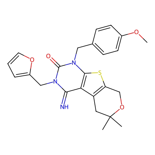 3-(furan-2-ylmethyl)-4-imino-1-(4-methoxybenzyl)-6,6-dimethyl-1,3,4,5,6,8-hexahydro-2H-pyrano[4',3':4,5]thieno[2,3-d]pyrimidin-2-one structure