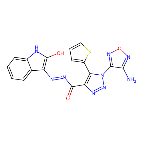(Z)-1-(4-amino-1,2,5-oxadiazol-3-yl)-N'-(2-oxoindolin-3-ylidene)-5-(thiophen-2-yl)-1H-1,2,3-triazole-4-carbohydrazide structure