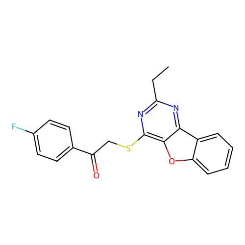 2-((2-ethylbenzofuro[3,2-d]pyrimidin-4-yl)thio)-1-(4-fluorophenyl)ethanone structure