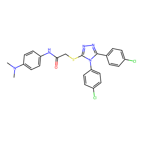 2-[[4,5-bis(4-chlorophenyl)-1,2,4-triazol-3-yl]sulfanyl]-N-(4-dimethylaminophenyl)acetamide structure
