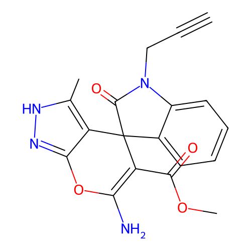 methyl 6'-amino-3'-methyl-2-oxo-1-(prop-2-yn-1-yl)-1'H-spiro[indoline-3,4'-pyrano[2,3-c]pyrazole]-5'-carboxylate structure