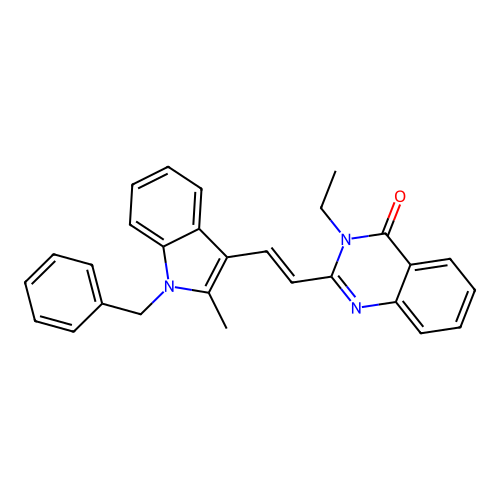 2-[(E)-2-(1-benzyl-2-methyl-1H-indol-3-yl)ethenyl]-3-ethylquinazolin-4(3H)-one structure