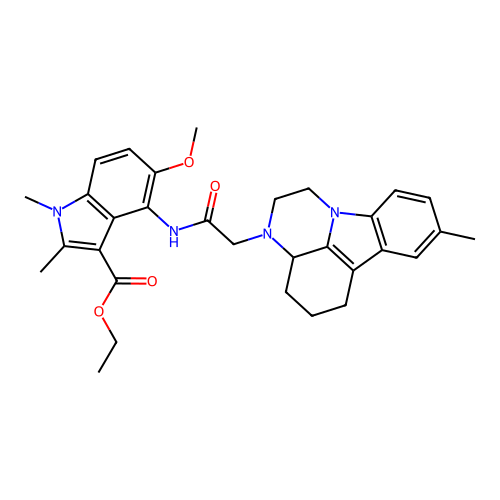 ethyl 5-methoxy-1,2-dimethyl-4-(2-(8-methyl-3a,4,5,6-tetrahydro-1H-pyrazino[3,2,1-jk]carbazol-3(2H)-yl)acetamido)-1H-indole-3-carboxylate structure