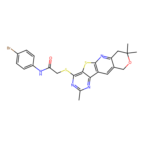 N-(4-bromophenyl)-2-((2,8,8-trimethyl-8,10-dihydro-7H-pyrano[3'',4'':5',6']pyrido[3',2':4,5]thieno[3,2-d]pyrimidin-4-yl)thio)acetamide structure