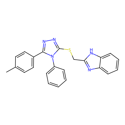 2-(((4-phenyl-5-(p-tolyl)-4H-1,2,4-triazol-3-yl)thio)methyl)-1H-benzo[d]imidazole structure