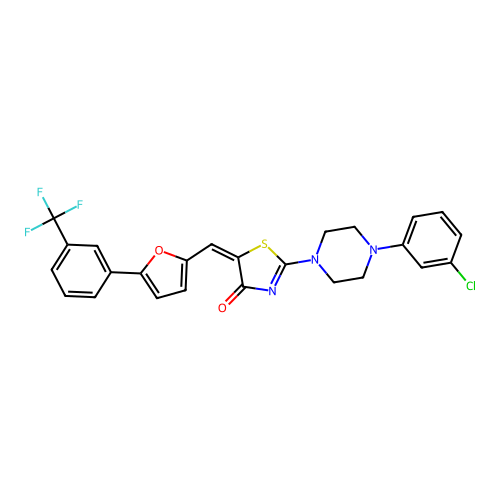 (5E)-2-[4-(3-chlorophenyl)piperazin-1-yl]-5-({5-[3-(trifluoromethyl)phenyl]furan-2-yl}methylidene)-1,3-thiazol-4(5H)-one structure
