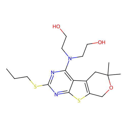 2,2'-((6,6-dimethyl-2-(propylthio)-6,8-dihydro-5H-pyrano[4',3':4,5]thieno[2,3-d]pyrimidin-4-yl)azanediyl)diethanol structure