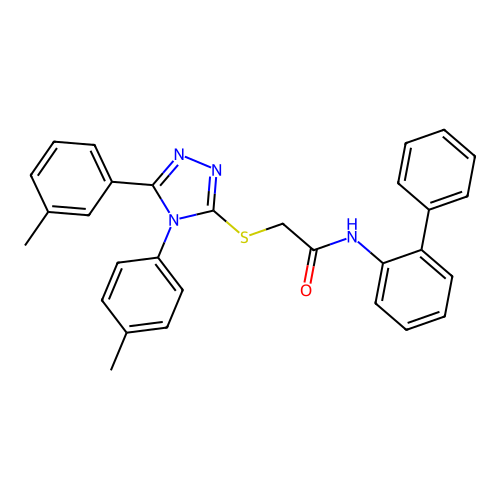 2-[[5-(3-methylphenyl)-4-(4-methylphenyl)-1,2,4-triazol-3-yl]sulfanyl]-N-(2-phenylphenyl)acetamide structure