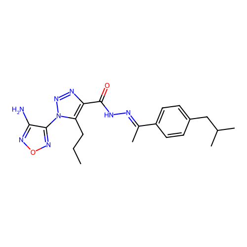 (E)-1-(4-amino-1,2,5-oxadiazol-3-yl)-N'-(1-(4-isobutylphenyl)ethylidene)-5-propyl-1H-1,2,3-triazole-4-carbohydrazide structure