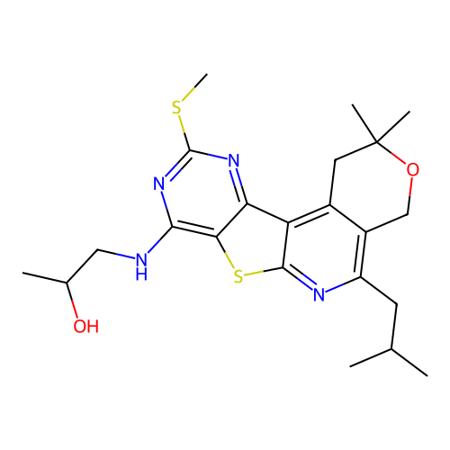 1-((5-isobutyl-2,2-dimethyl-10-(methylthio)-2,4-dihydro-1H-pyrano[4'',3'':4',5']pyrido[3',2':4,5]thieno[3,2-d]pyrimidin-8-yl)amino)propan-2-ol structure