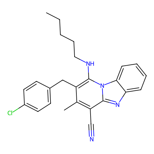 2-(4-chlorobenzyl)-3-methyl-1-(pentylamino)benzo[4,5]imidazo[1,2-a]pyridine-4-carbonitrile structure