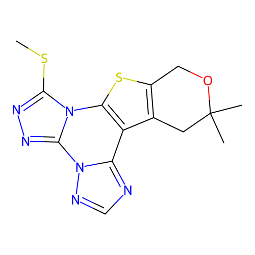 12,12-dimethyl-7-(methylsulfanyl)-12,13-dihydro-10H-pyrano[4',3':4,5]thieno[3,2-e]bis[1,2,4]triazolo[4,3-a:1',5'-c]pyrimidine structure