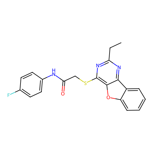 2-((2-ethylbenzofuro[3,2-d]pyrimidin-4-yl)thio)-N-(4-fluorophenyl)acetamide structure