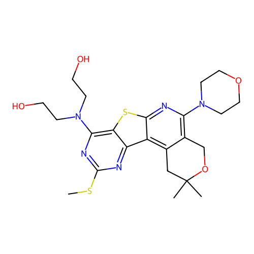 2,2'-((2,2-dimethyl-10-(methylthio)-5-morpholino-2,4-dihydro-1H-pyrano[4'',3'':4',5']pyrido[3',2':4,5]thieno[3,2-d]pyrimidin-8-yl)azanediyl)diethanol structure