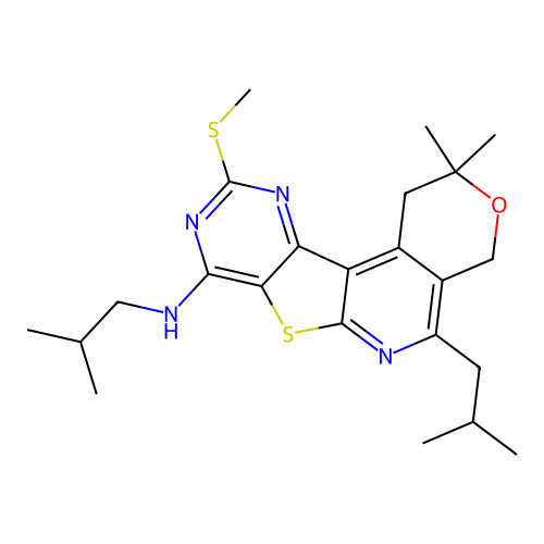 2,2-dimethyl-N,5-bis(2-methylpropyl)-10-(methylsulfanyl)-1,4-dihydro-2H-pyrano[4'',3'':4',5']pyrido[3',2':4,5]thieno[3,2-d]pyrimidin-8-amine structure