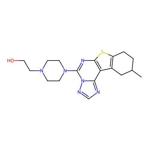 2-(4-(10-methyl-8,9,10,11-tetrahydrobenzo[4,5]thieno[3,2-e][1,2,4]triazolo[1,5-c]pyrimidin-5-yl)piperazin-1-yl)ethanol structure