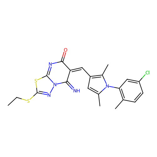 (6E)-6-[[1-(5-chloro-2-methylphenyl)-2,5-dimethylpyrrol-3-yl]methylidene]-2-ethylsulfanyl-5-imino-[1,3,4]thiadiazolo[3,2-a]pyrimidin-7-one structure