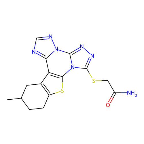 2-((12-methyl-10,11,12,13-tetrahydrobenzo[4,5]thieno[3,2-e]bis([1,2,4]triazolo)[4,3-a:1',5'-c]pyrimidin-7-yl)thio)acetamide structure