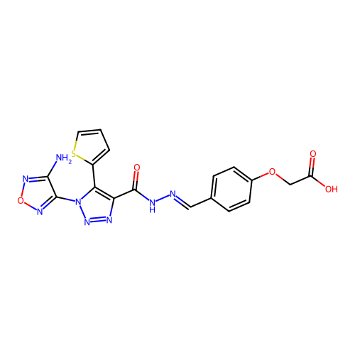 (E)-2-(4-((2-(1-(4-amino-1,2,5-oxadiazol-3-yl)-5-(thiophen-2-yl)-1H-1,2,3-triazole-4-carbonyl)hydrazono)methyl)phenoxy)acetic acid structure