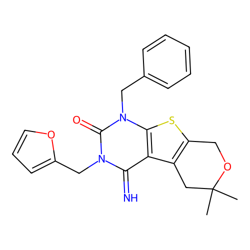 1-benzyl-3-(furan-2-ylmethyl)-4-imino-6,6-dimethyl-1,3,4,5,6,8-hexahydro-2H-pyrano[4',3':4,5]thieno[2,3-d]pyrimidin-2-one structure