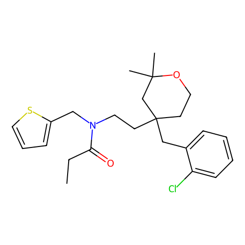 N-(2-(4-(2-chlorobenzyl)-2,2-dimethyltetrahydro-2H-pyran-4-yl)ethyl)-N-(thiophen-2-ylmethyl)propionamide structure