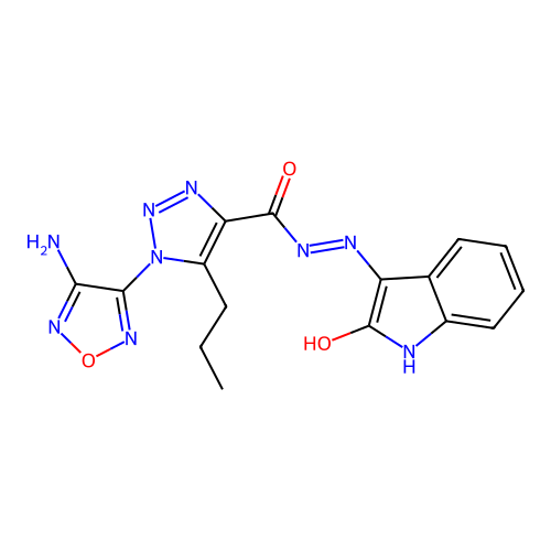 (Z)-1-(4-amino-1,2,5-oxadiazol-3-yl)-N'-(2-oxoindolin-3-ylidene)-5-propyl-1H-1,2,3-triazole-4-carbohydrazide structure