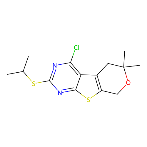 4-chloro-2-(isopropylthio)-6,6-dimethyl-6,8-dihydro-5H-pyrano[4',3':4,5]thieno[2,3-d]pyrimidine structure