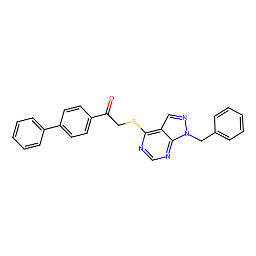 1-([1,1'-biphenyl]-4-yl)-2-((1-benzyl-1H-pyrazolo[3,4-d]pyrimidin-4-yl)thio)ethanone structure