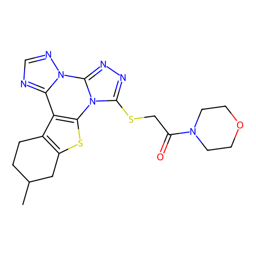 2-((11-methyl-10,11,12,13-tetrahydrobenzo[4,5]thieno[3,2-e]bis([1,2,4]triazolo)[4,3-a:1',5'-c]pyrimidin-7-yl)thio)-1-morpholinoethanone structure
