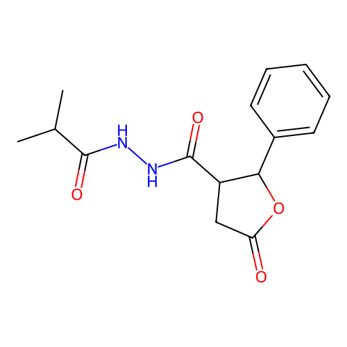 N'-(2-methylpropanoyl)-5-oxo-2-phenyltetrahydrofuran-3-carbohydrazide structure