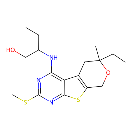 2-((6-ethyl-6-methyl-2-(methylthio)-6,8-dihydro-5H-pyrano[4',3':4,5]thieno[2,3-d]pyrimidin-4-yl)amino)butan-1-ol structure