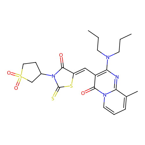 3-{(Z)-[3-(1,1-dioxidotetrahydrothiophen-3-yl)-4-oxo-2-thioxo-1,3-thiazolidin-5-ylidene]methyl}-2-(dipropylamino)-9-methyl-4H-pyrido[1,2-a]pyrimidin-4-one structure