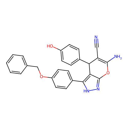 6-amino-3-(4-(benzyloxy)phenyl)-4-(4-hydroxyphenyl)-1,4-dihydropyrano[2,3-c]pyrazole-5-carbonitrile structure
