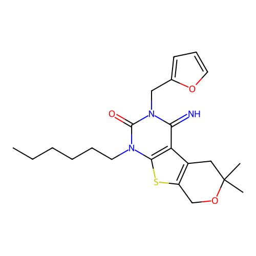 3-(furan-2-ylmethyl)-1-hexyl-4-imino-6,6-dimethyl-1,3,4,5,6,8-hexahydro-2H-pyrano[4',3':4,5]thieno[2,3-d]pyrimidin-2-one structure