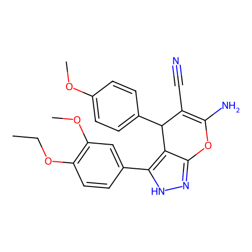 6-amino-3-(4-ethoxy-3-methoxyphenyl)-4-(4-methoxyphenyl)-2,4-dihydropyrano[2,3-c]pyrazole-5-carbonitrile structure